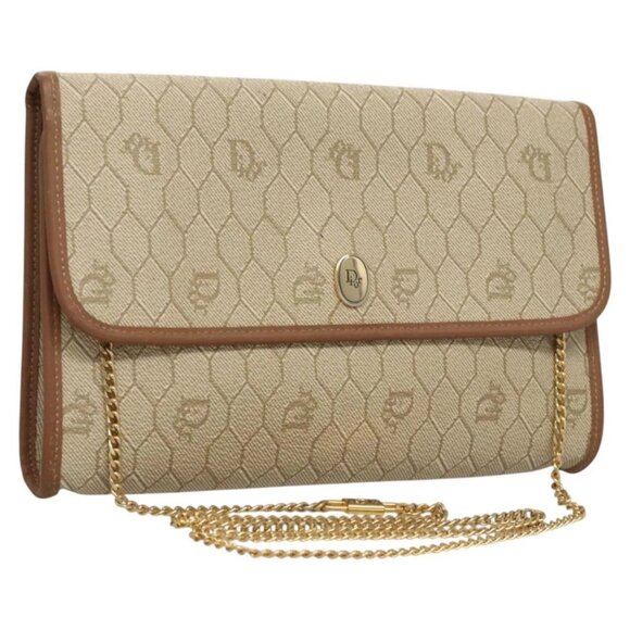 Christian Dior Honeycomb Canvas Chain Shoulder Bag PVC Beige Gold Auth BA1990 - Picture 1 of 16